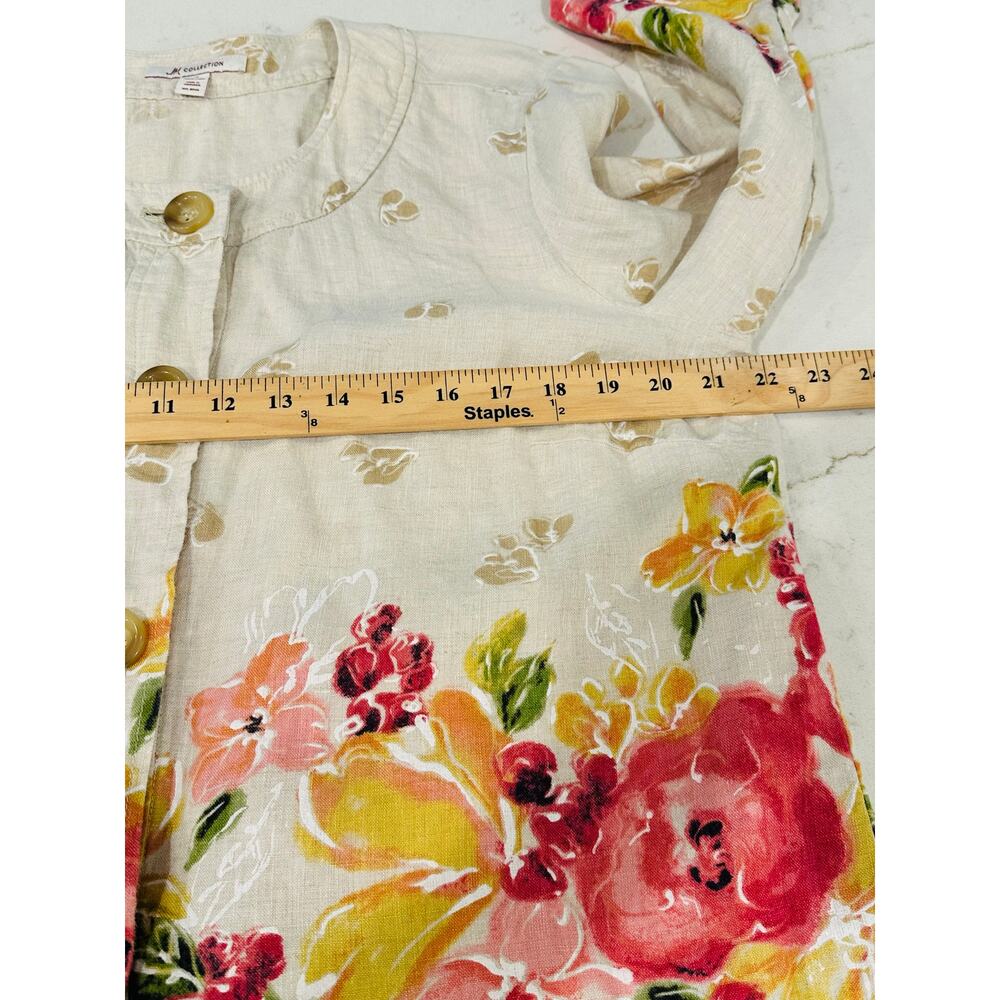 Linen Floral Button Up Jacket Top Women’s 12 Tan Pink Lagenlook Lightweight - Picture 8 of 10